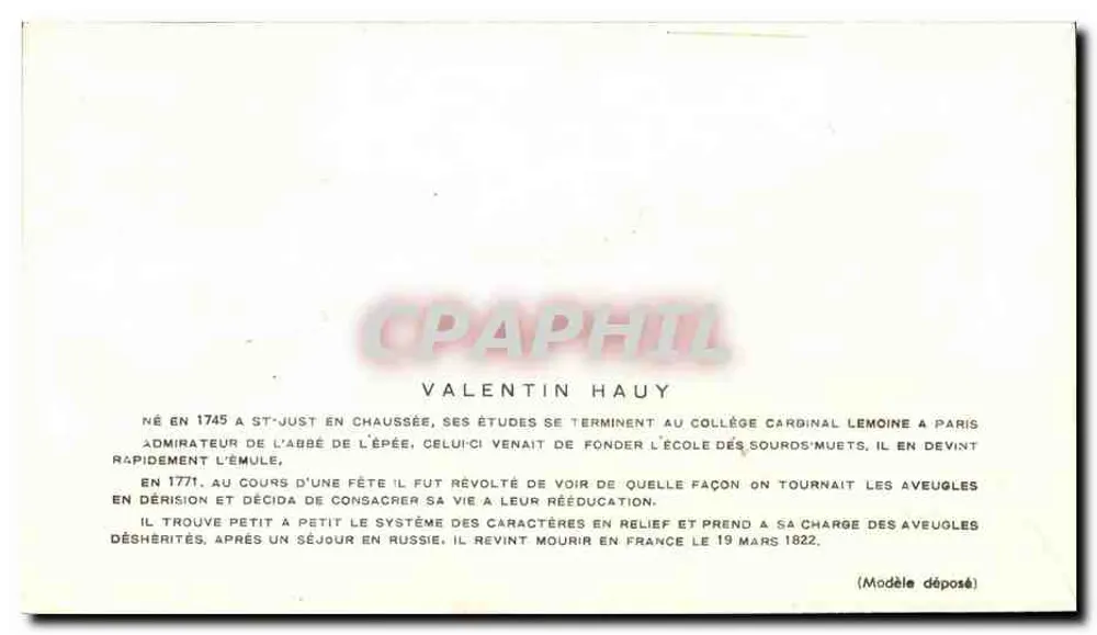 Valentin Haüy — 'Les Aveugles' — F.D.C. n°312, historische Ausgabe - Rückseite