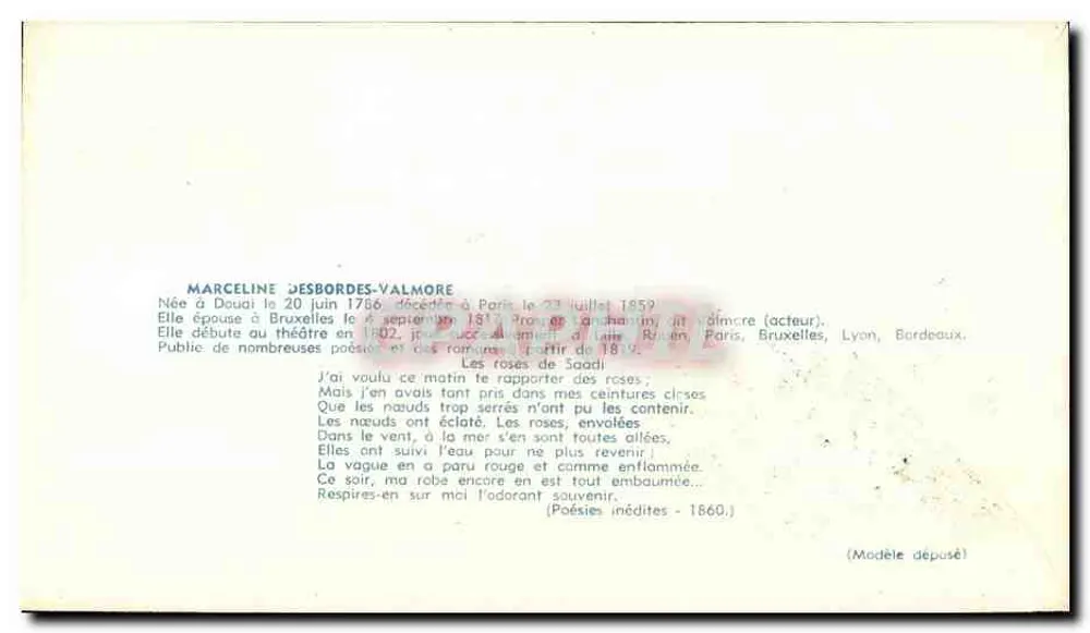 Marceline Desbordes-Valmore — Poeta — Editore F.D.C. n°301 - Verso