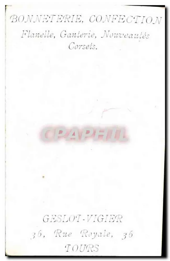 Rosa e flores de laranjeira — carta publicitária — Geslot-Vigier, 36 Rue Royale, Tours - Verso
