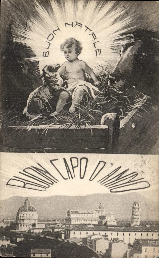 Nativity — Szene einer Krippe mit Kind, Schaf und Esel — Ed. Caruso G. Pisa - Vorderseite