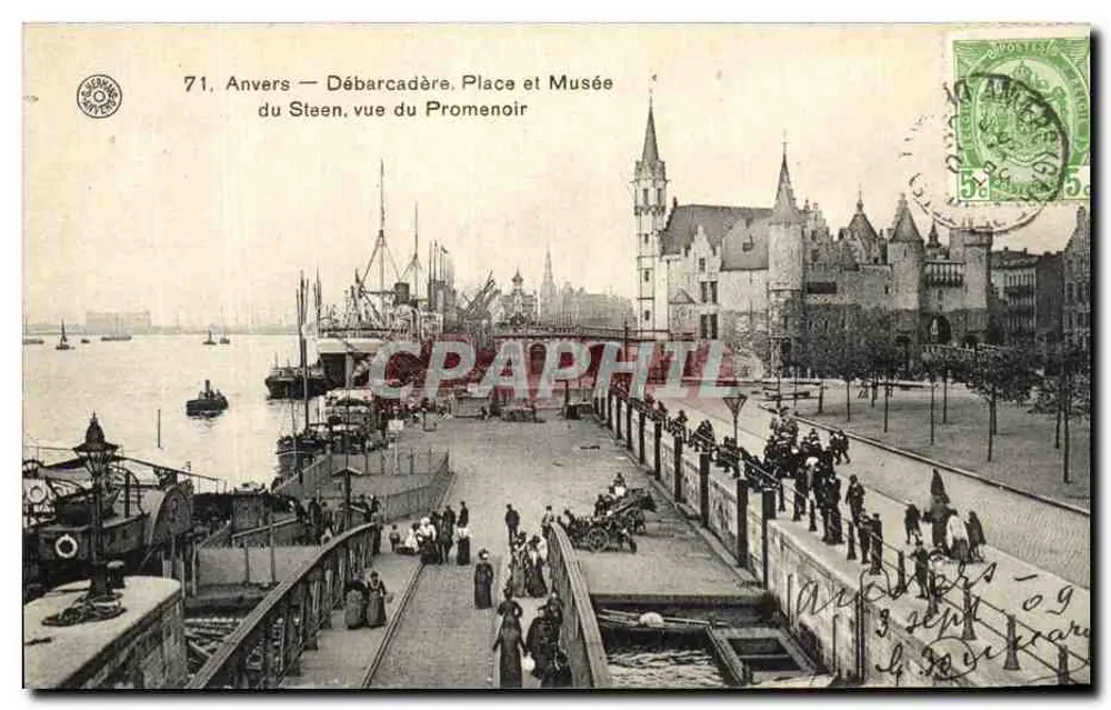 Antwerpen — Hafen, Platz und Museum Steen, Blick vom Promenadepfad — SONGA 71 - Vorderseite