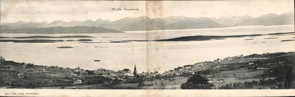 Panorama Molde — widok na fiord i góry — Wydawca: Ellert Dahl, Molde, Eneberettiget - Awers