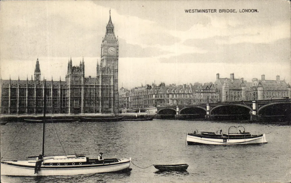 Ponte de Westminster, Londres — vista do Parlamento e da torre de Big Ben — J. F. Grimm & Co. n°1207 - Frente