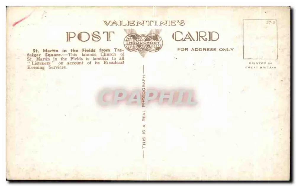 St Martin-in-the-Fields, Trafalgar Square, London — Valentine's Postcard (n°209371.JV) - Rückseite