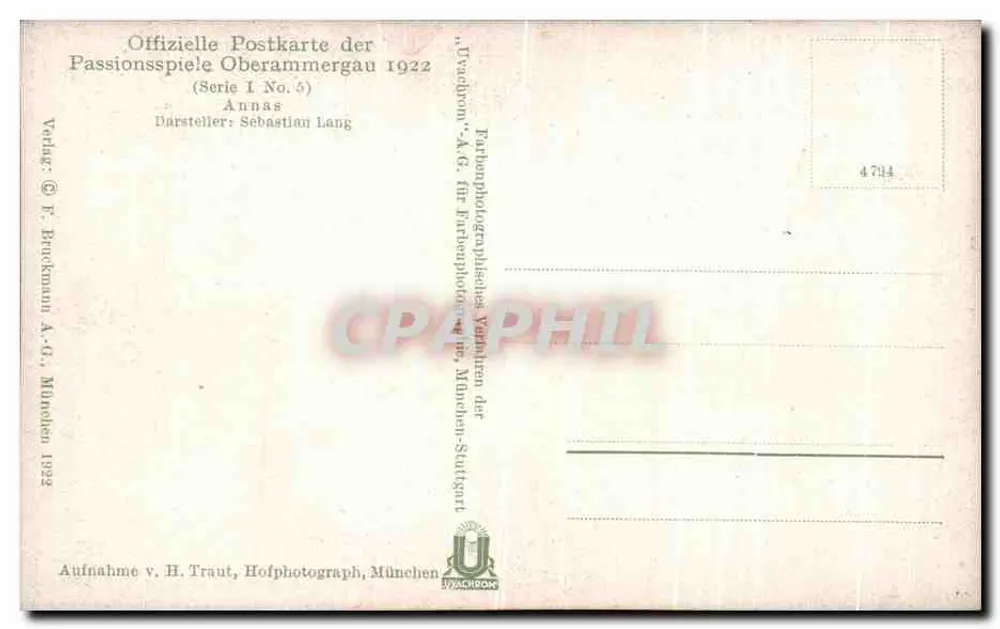 Papież — Passionsspiele Oberammergau 1922 — Wydawca: F. Bruckmann A.-G., Monachium - Rewers