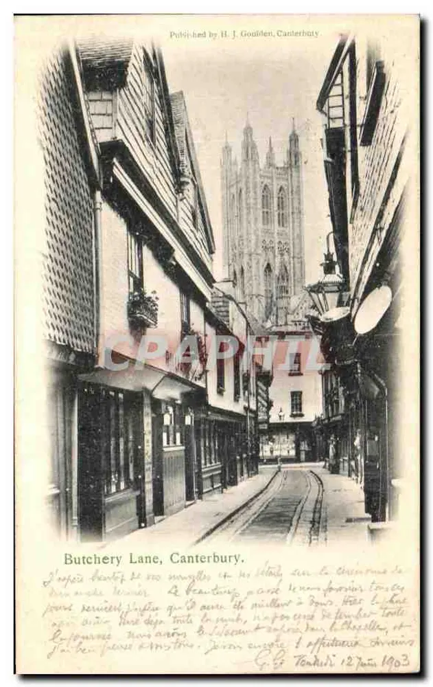 Butchery Lane, Canterbury — uitzicht op de kathedraal — Uitgegeven door H. J. Goulden, Canterbury - Voorkant