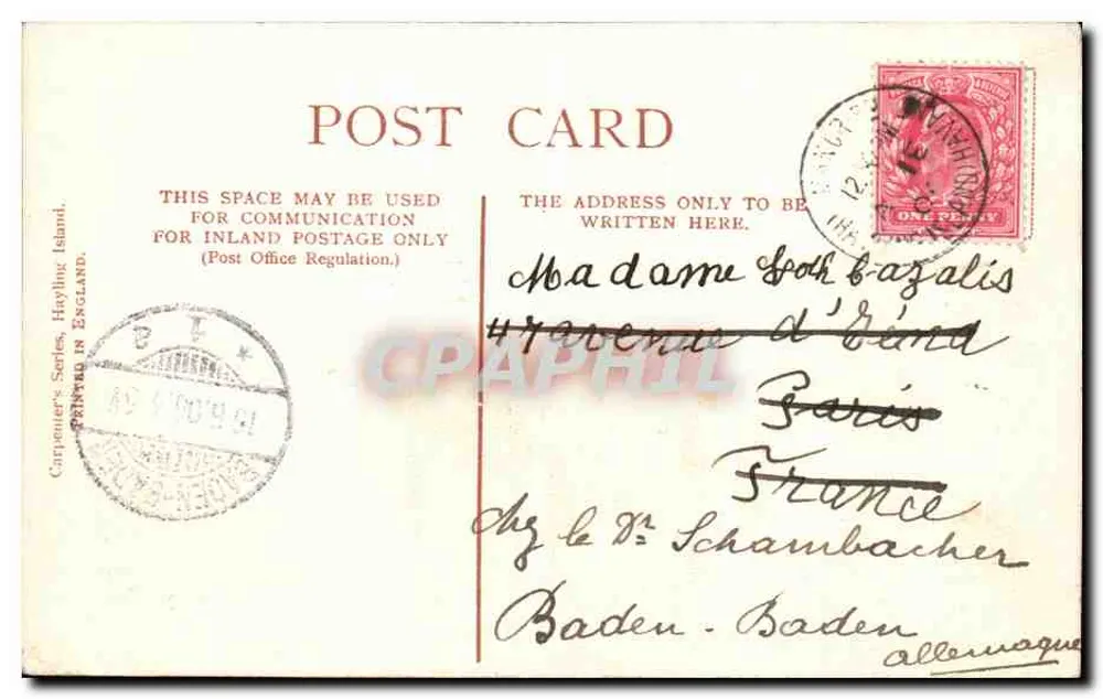 Eastoke, South Hayling — uitzicht op huizen — Serie Carponier, gedrukt in Engeland - Achterkant