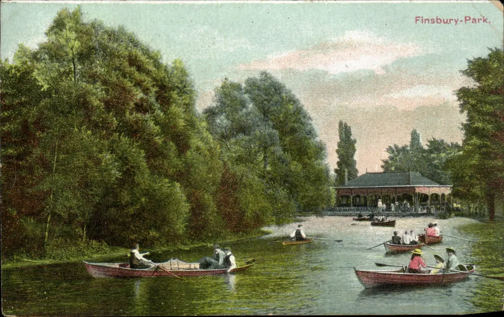 Finsbury Park — vista do lago com remadores — editor não visível - Frente