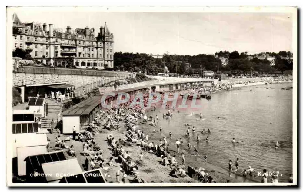 Corbyn Beach, Torquay — vue de la plage et du grand hôtel — Valentine & Sons Ltd, Londres, n° K. 527 - Frente