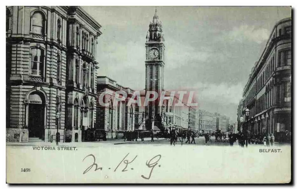 Victoria Street — vista da rua com a torre da igreja — Belfast, n° 1468 - Frente
