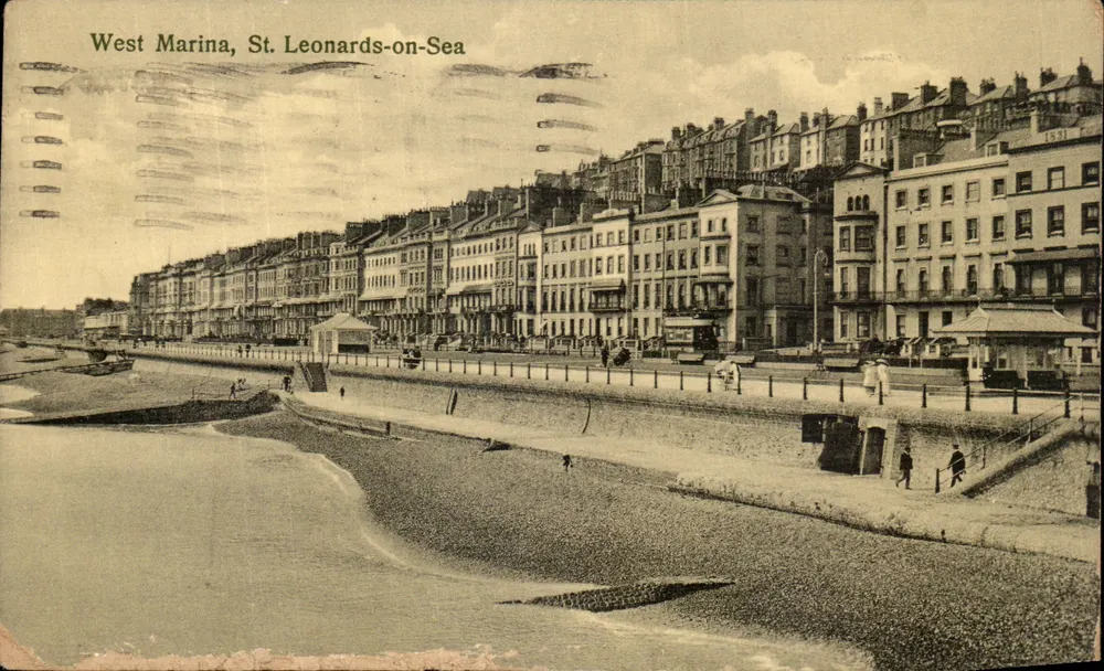 West Marina, St. Leonards-on-Sea — vue du quai et des bâtiments — éditeur Philip G. Hunt, Londres - Frente