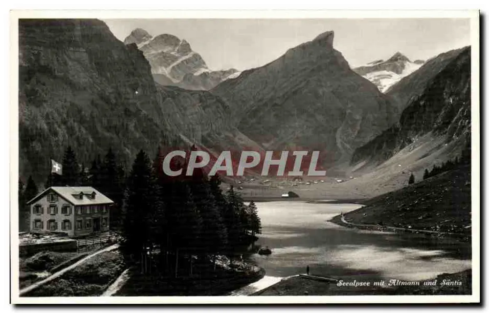 Lago de Seealpsee com as montanhas Altmann e Säntis — Photoglobe-Wehrli & Vouga & Co., Zurique - Frente