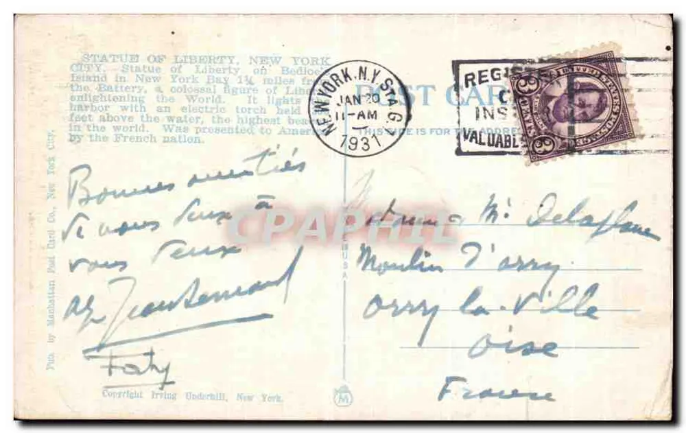 Statue of Liberty, New York — Ansicht von der Insel Liberty — Verlag Irving Underhill, Nr. 17199 - Rückseite