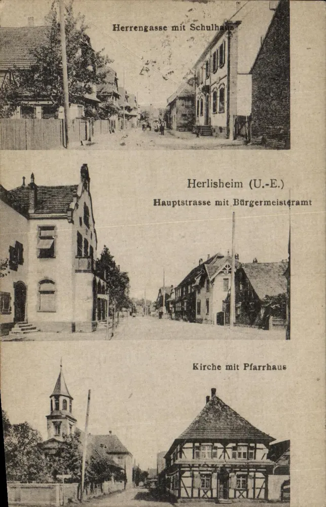 Herlischheim — Vista de três locais: Herrengasse com escola, Hauptstraße com prefeitura, igreja com presbitério — editor não visível - Frente