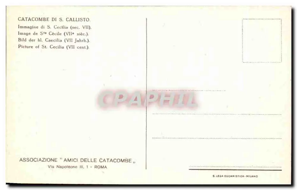 Catacumbas de São Calisto — Imagem de Santa Cecília (século VII) — Associação 'Amici delle Catacombe' e S. Lega Eucarística-Milão - Verso