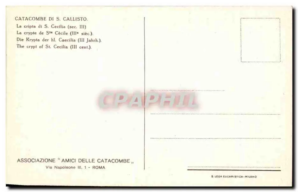 Catacumbas de São Calisto — Cripta de Santa Cecília (século III) — Associação 'Amici delle Catacombe', Roma - Verso