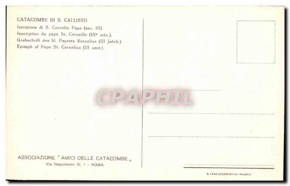 Inschrift des hl. Cornélius, Papst — Catacombe di San Callisto — Vereinigung der Freunde der Catacombe, Rom - Rückseite