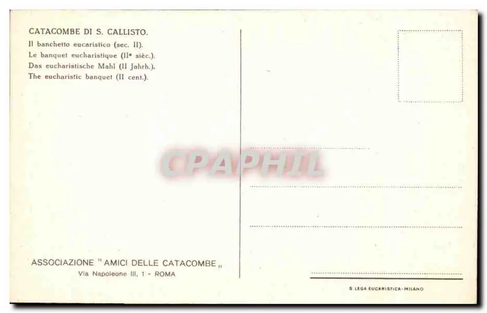 Catacumbas de São Calisto — Banquete eucarístico (século II) — Associação 'Amici delle Catacombe', Roma - Verso