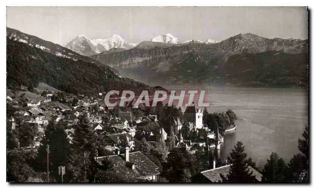Oberhofen am Thunersee — con el Eiger, el Mönch y la Jungfrau — editor Arthur Daur, Hilterfingen, n° 2067 - Anverso
