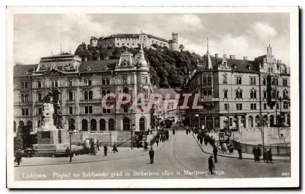 Ljubljana — Ansicht des Schlosses Ljubljana und der Stritarjeva Straße von der Marijin trg-Platz — Serie 281 - Vorderseite