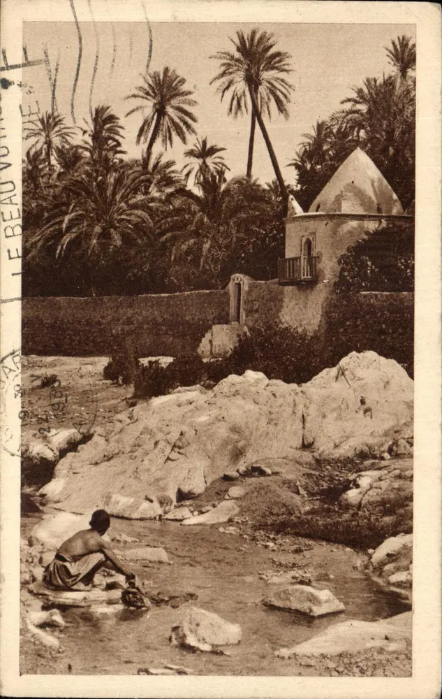 Bou-Saada — scène de rivière avec palmeraie et édifice — Photo-Héliogravure Algérienne de E. Dinet - Vorderseite
