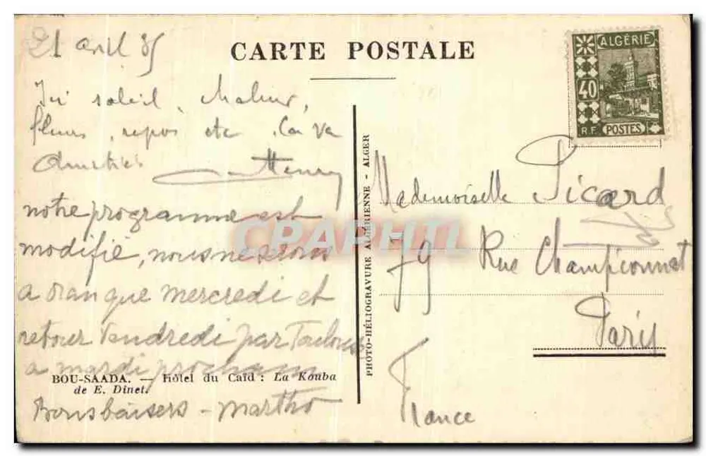 Bou-Saada — scène de rivière avec palmeraie et édifice — Photo-Héliogravure Algérienne de E. Dinet - Rückseite