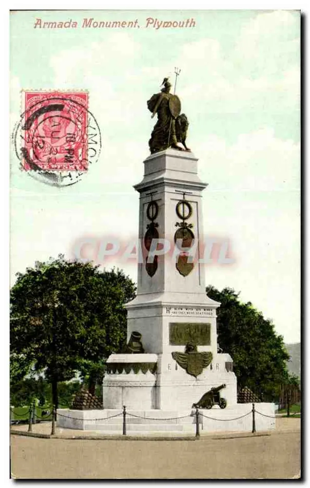 अर्माडा मॉनूमेंट, प्लाइमाउथ — समारोह स्मारक जिसमें घोड़े पर एक स्टैच्यू है — एडिटर अज्ञात - आगे
