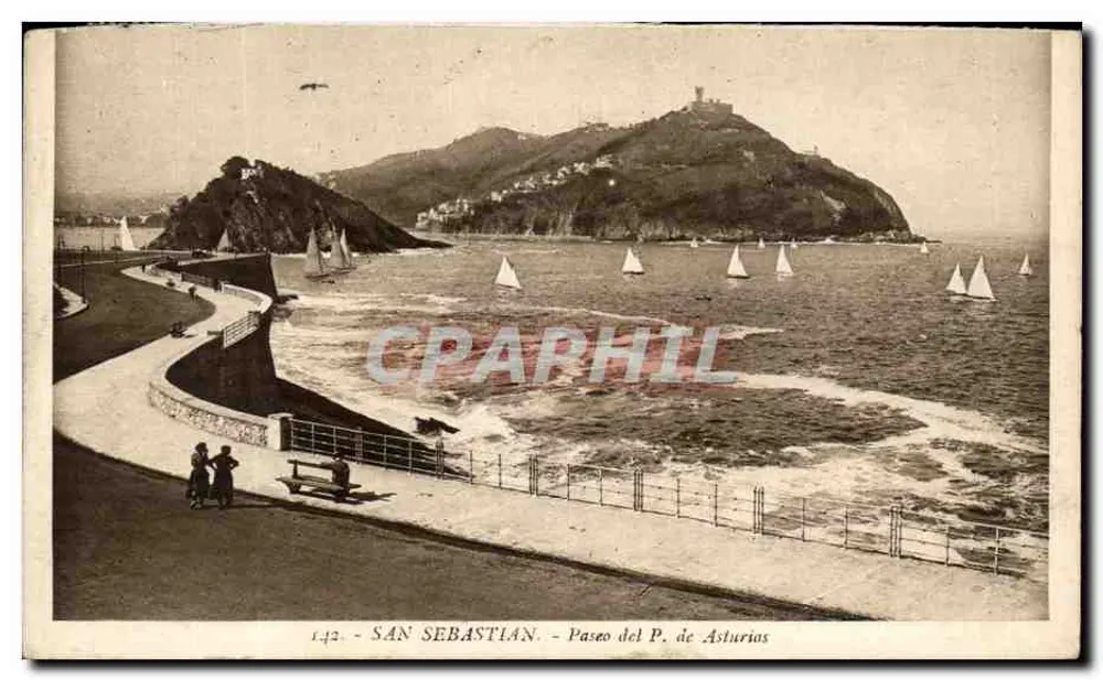 San Sebastián — Paseo del P. de Asturias mit Blick aufs Meer und Segelboote — Verlag nicht sichtbar, Nr. 142 - Vorderseite