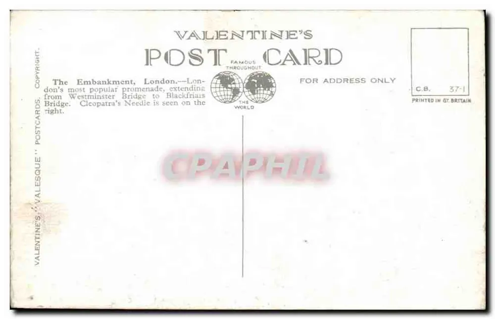 L'Embankment, Londra — vista di via alberata con veicoli — Cartolina d'epoca Valentine's Postcards n°37-1 - Verso