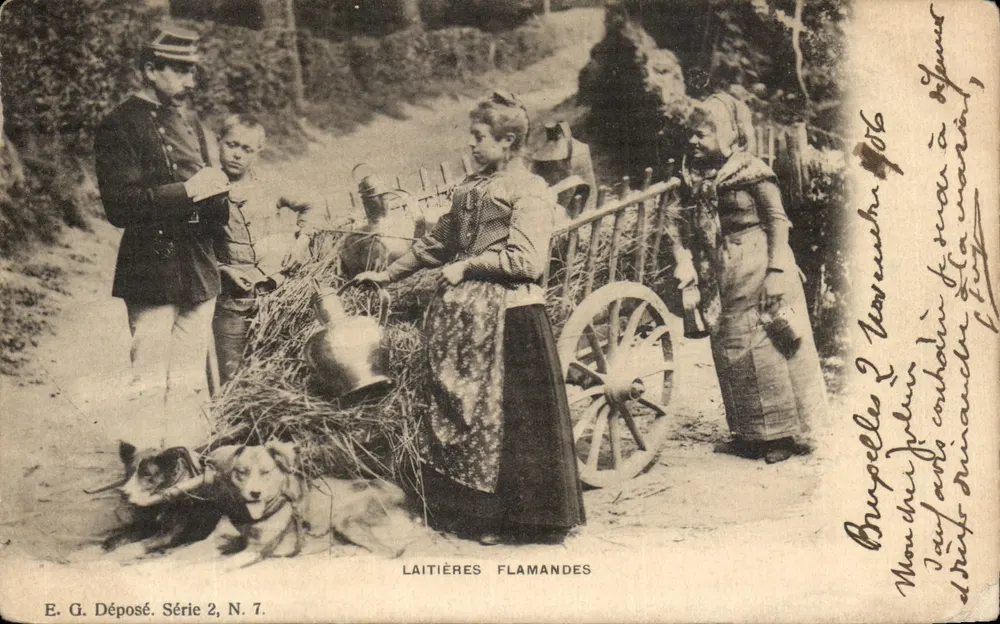 Flämische Milchverkäuferin — Szene mit Milchverkäuferin, Wagen und Hunden — E. G. Déposé. Serie 2, N. 7. - Vorderseite
