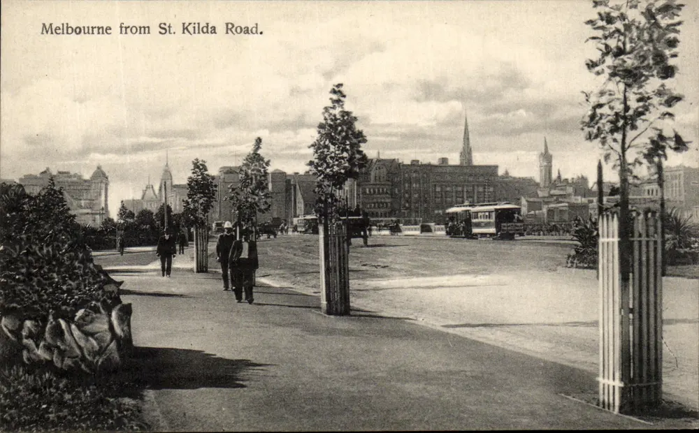 Melbourne vanaf St. Kilda Road — stadsgezicht met tram — Duitse uitgever - Voorkant