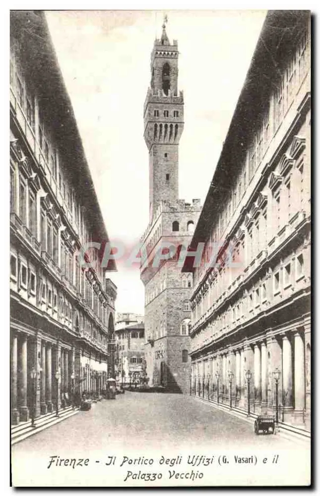 Florenz - Das Portikus der Uffizi (G. Vasari) und das Palazzo Vecchio - Vorderseite