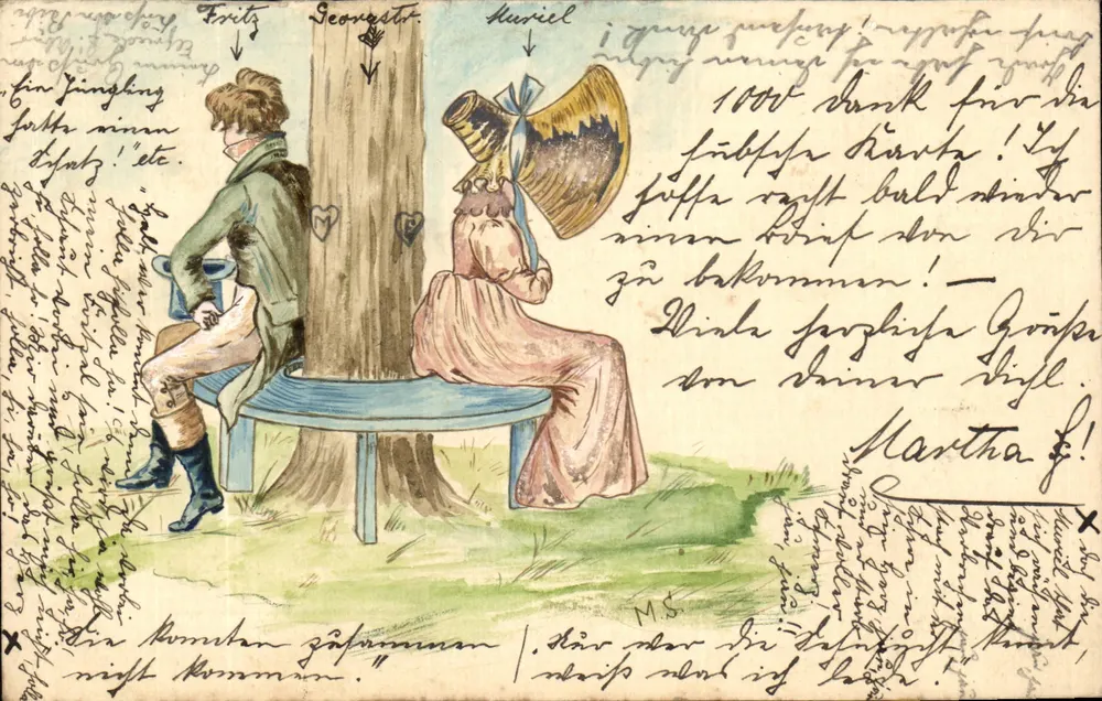 Deux personnes assises sur un banc près d'un arbre — illustration colorée — éditeur M.S. (imprimé sur la carte) - Recto