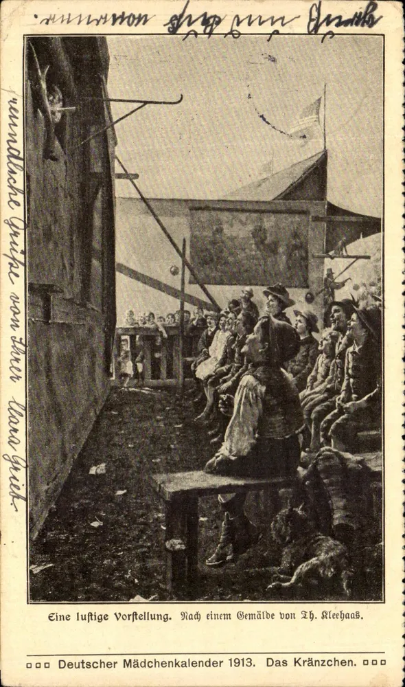Uma representação divertida — após um quadro de Th. Kleehaas — Deutscher Mädchenkalender 1913, Das Kränzchen - Frente