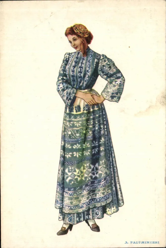 Costume national de Chypre — femme en robe à motifs bleus et verts — éditeur A. Falthiniieri - Anverso