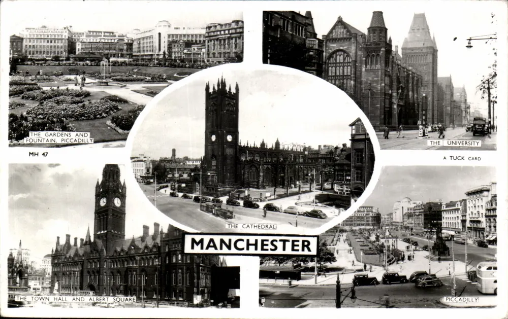 Manchester — Panoramablick mit Kathedrale, Garten, Universität und Town Hall — Tuck Card MH 47 - Vorderseite