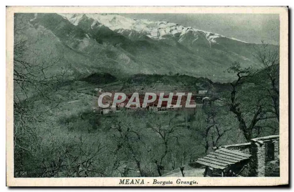 MEANA - Borgata Grangie — vista da vales e montanhas nevadas — editor desconhecido, número de série não visível - Frente