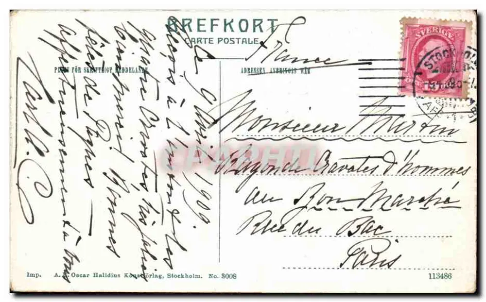 Estocolmo, Kungsträdgården — vista panorâmica com fonte e edifícios — Imp. A. Oscar Halidins Kortförlag, No. 3008 - Verso