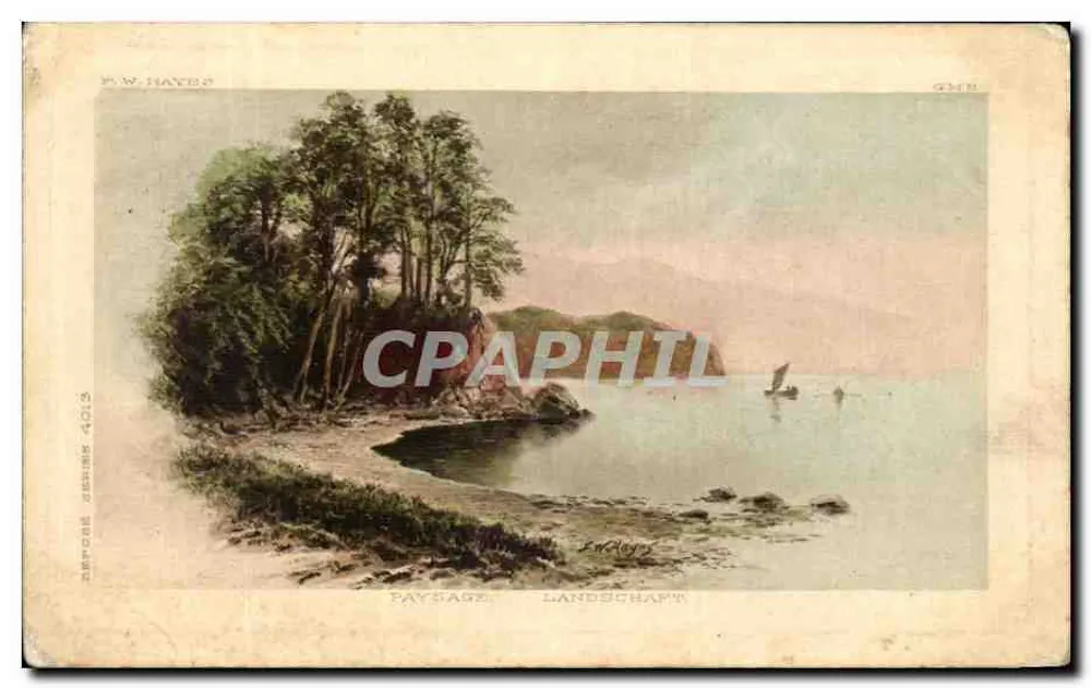 Paisagem — margem do mar com rochedos e árvores — P.W. HAYES, série Dorfors 4013 - Frente