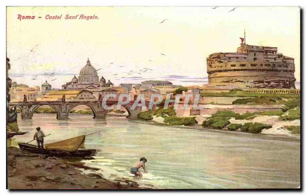 रोमा - सैंट एंजिलो कैस्टेल - टिबर के साथ दृश्य, एक नाव और एक बच्चा - अज्ञात प्रकाशक - आगे