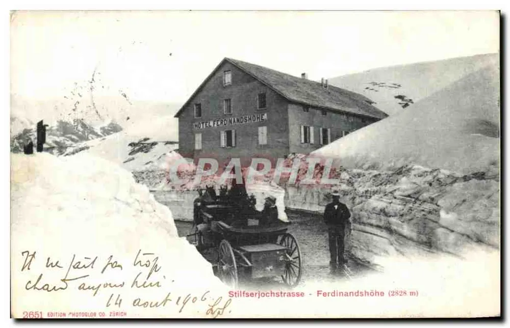 Hôtel Ferdinandshöhe — Stilfserjochstrasse — wydanie Photoglor Co. Zürich nr 2651 - Awers