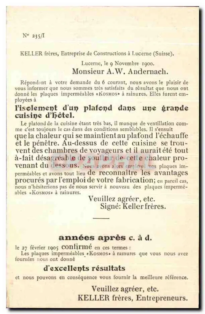 Küche eines großen Hotels in Luzern — wasserdichte Platten « Kosmos » — A.W. Andernach & Keller Brüder - Rückseite
