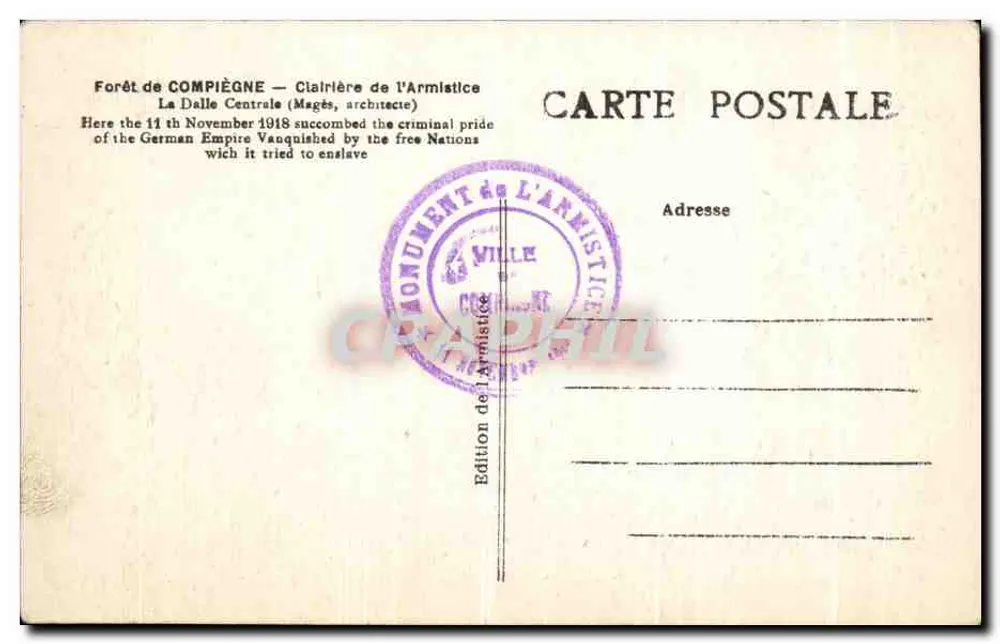 Forêt de Compiègne — Dalle Centrale — Denkmal des Waffenstillstands — L'H. Paris - Rückseite