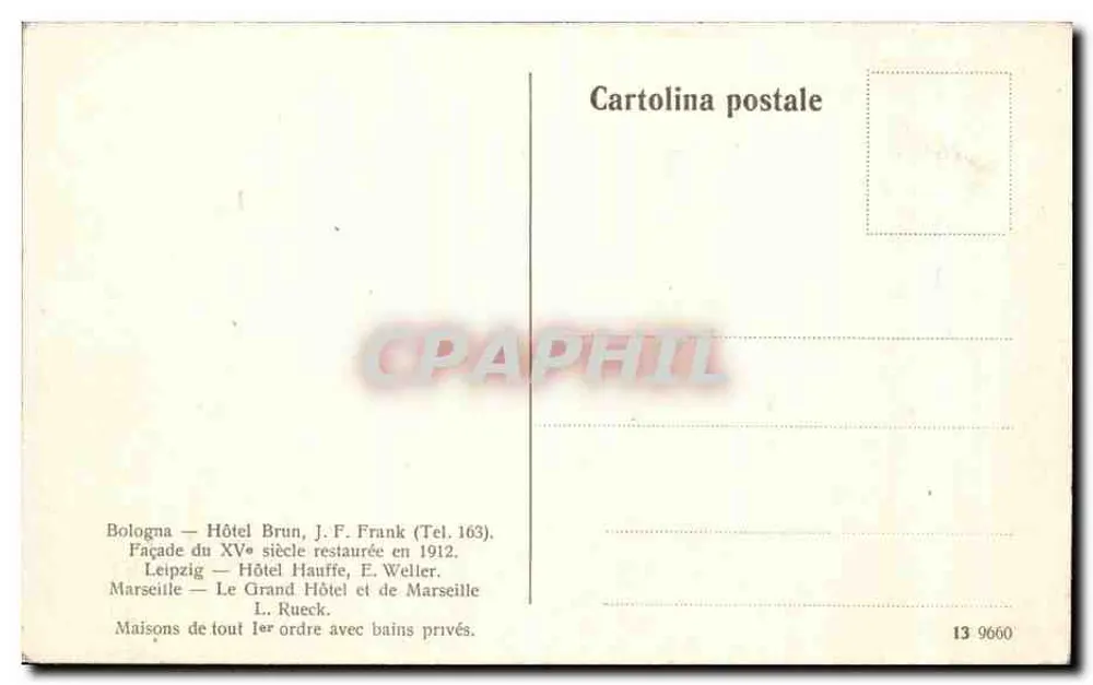 Bologna — Hotel Brun, fasada z XV wieku odrestaurowana w 1912 — J.F. Frank (Tel. 163) - Rewers