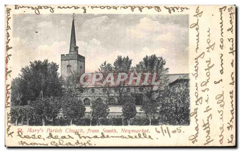 St. Mary's Parish Church, von Süden, Newmarket — Ansicht der Kirche mit Turm — Verleger nicht sichtbar, Seriennummer nicht sichtbar - Vorderseite