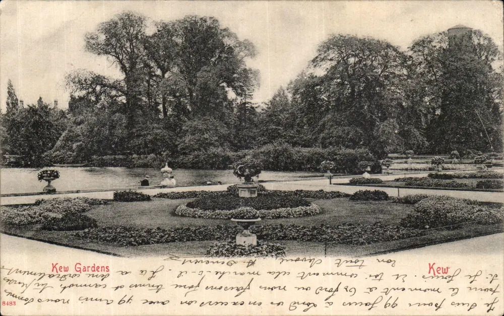 Kew Gardens — vista dos jardins e do lago — Biegel & Co, Londres, n° 8483 - Frente