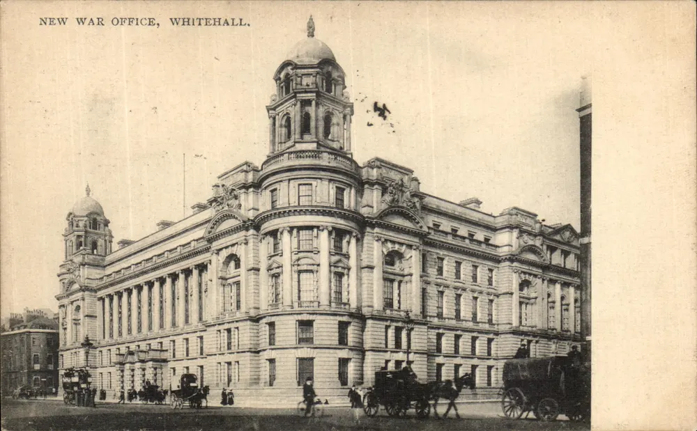 Novo Escritório de Guerra, Whitehall — vista arquitetônica — J.J. Samuels, Reparos de Cartas Postais & 97A Regent St. - Frente