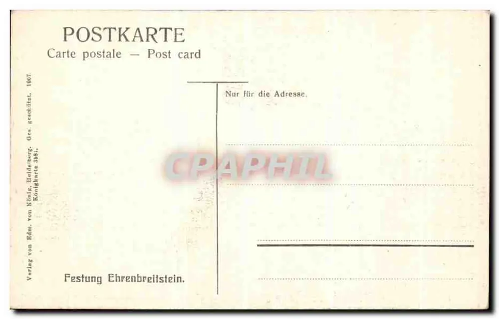 Ansicht der Festung Ehrenbreitstein — Koblenz — Verlag Künzle, Haldenberg - Rückseite
