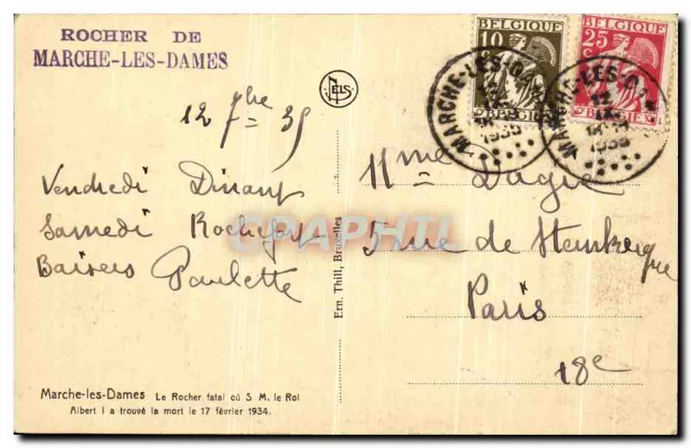 Rocher de Marche-les-Dames — local de sepultura — Editor: Em. Tulli, Bruxelas - Verso
