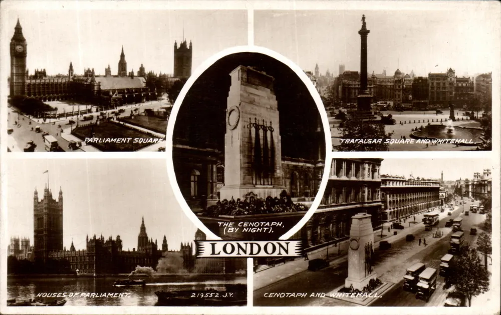 London — Komposite-Ansicht von Parliament Square, dem Cenotaph in der Nacht, Trafalgar Square und Whitehall — Valentine's Post Card Nr. 219552 J.Y. - Vorderseite
